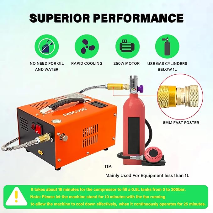 Pcp air compressor 4500PSI Portable PCP Compressor, 12V DC/110V AC PCP Airgun Compressor Manual-stop, w/External Power Adapter, Built-in Fan, Suitable for Paintball, Air Rifle, Scuba Bottle