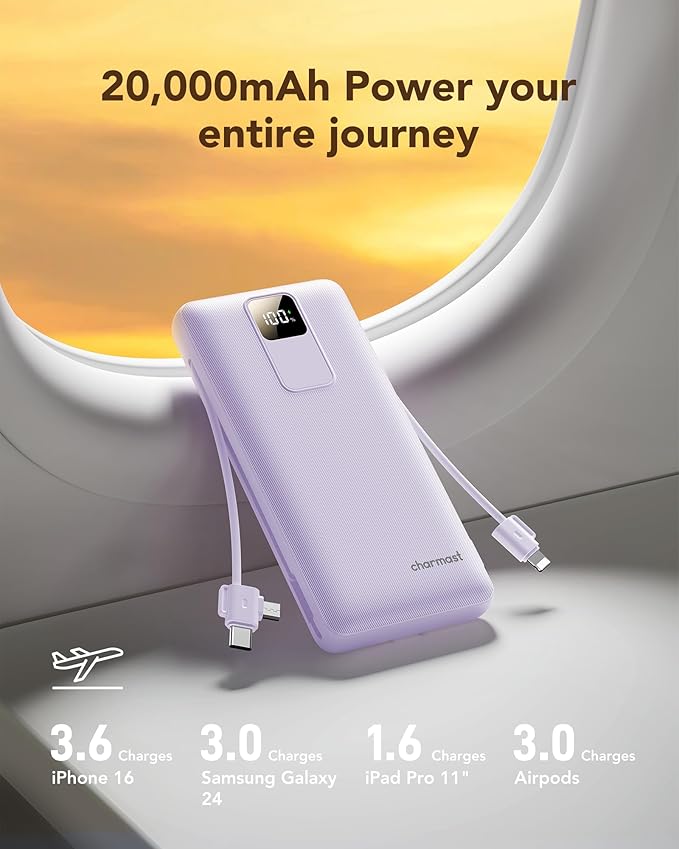 charmast 20000mAh Portable Charger with Built-in Cables & Wall Plug, 20W USB C Power Bank, Fast Charging Battery Pack Travel Essentials Compatible with iPhone 16/15/14 Series, Samsung, Google, iPad