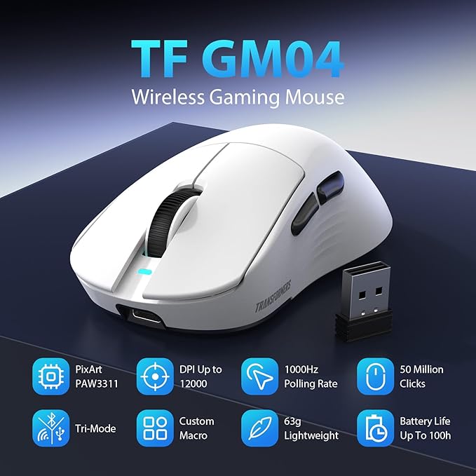 Transformers GM04 63g Lightweight Wireless Gaming Mouse, 12000 DPI, PAW3311 Sensor, 100h Battery Life, 2.4G/USB-C/Bluetooth Wireless Mouse with 5 Programmable Buttons for PC/Mac/Laptop(White)