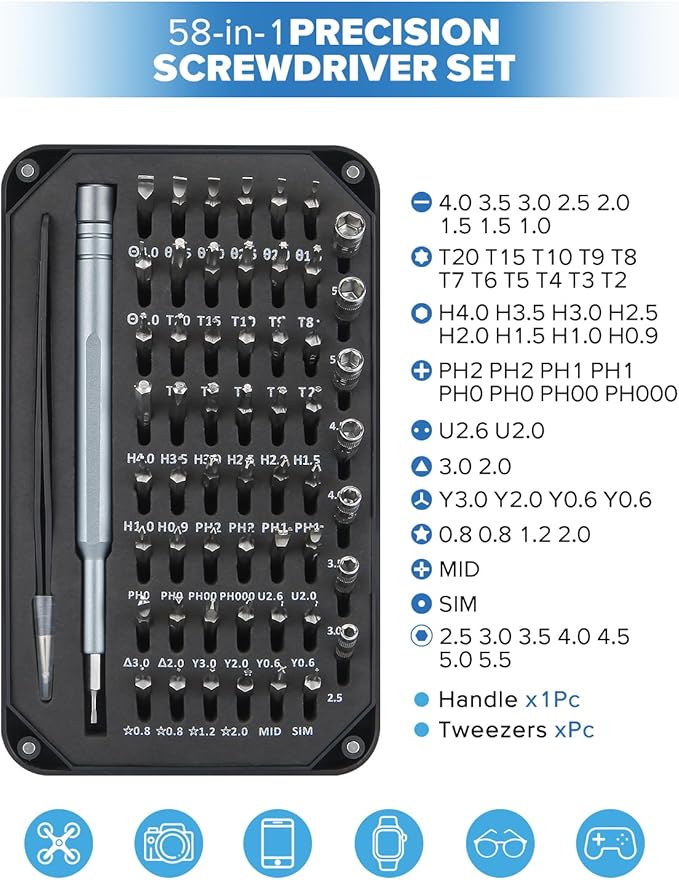 58 Precision Screwdriver Set, Super Durable Tiny Tool Kit for Watch, Laptop, Eyeglasses & Camera for Electronics Repair