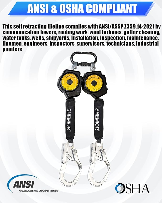 6FT Twin-Leg Self Retracting Lifeline, Swivel Top Lightweight Housing, Web SRL ANSI Self Retractable Safety Lanyard, Fall Arrest Protection Gear for Roofing Construction, Rebar Hook