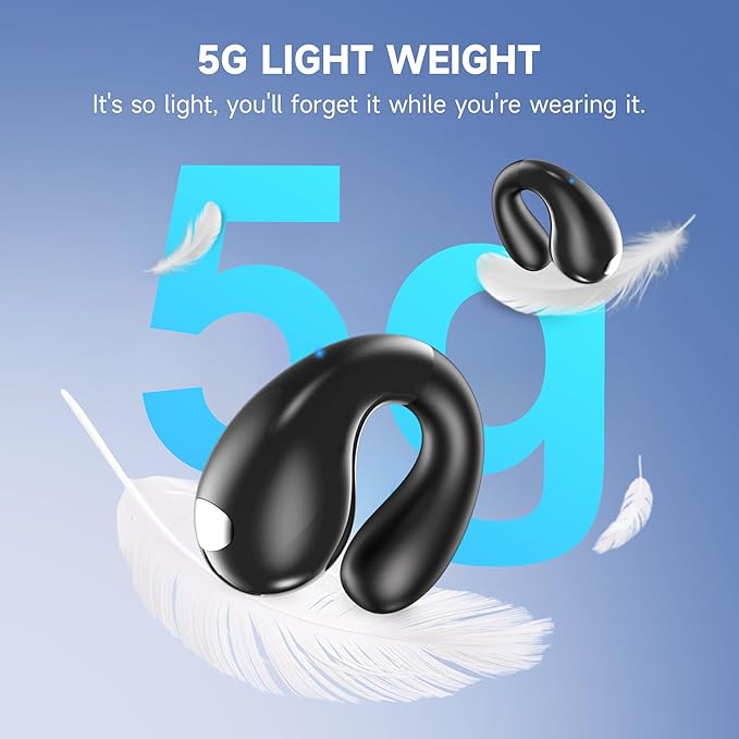 Open Ear Earbuds Wireless Bluetooth 5.3 Earphones, Flexible Clip On Ear buds with 36H Playtime LED Display Bone Conduction Headphones, IPX7 Waterproof Light Weight Fit for Every Ear, Sport, Workout