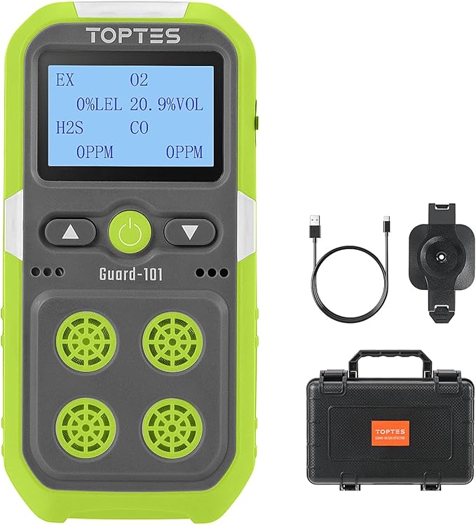 Guard-101 4 Gas Monitor Multi Detector for H2S, CO, LEL, and O2, with Vibration, Visual, and Audible Alarms, 14h Long Battery Life, Safety Explosion-Proof, for Work, Home - Green