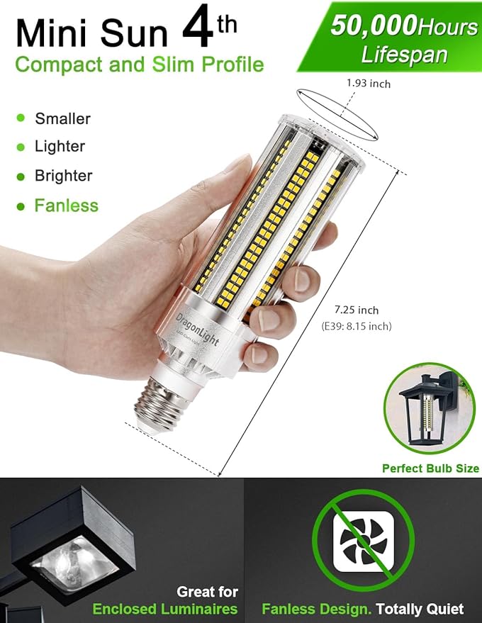 DragonLight Upgraded 60W Corn LED Light Bulb Fanless(200 Watt MH/HPS Replacement) E26/E39 Large Mogul Base LED Lamp 5000K Daylight White 7,200LM Good for Enclosed Fixtures