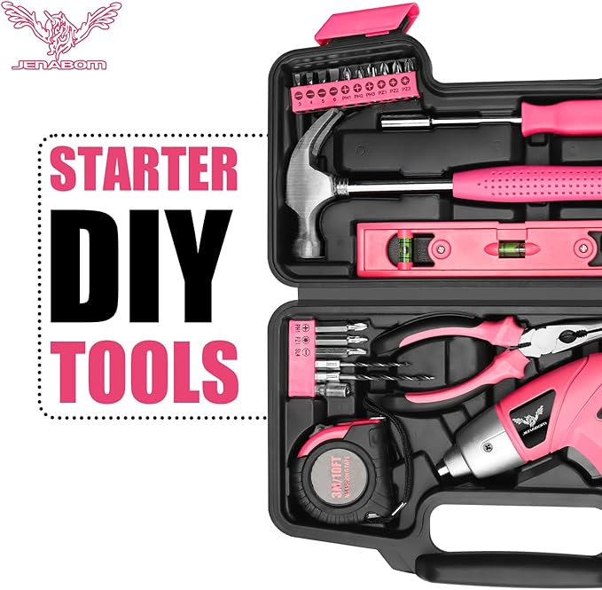 Pink Tool Kit with 3.6V USB Electric Screwdriver, 112 PCS Home Tool Set with Cordless Drill Set, Hand Tool Kits for Women