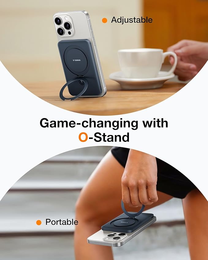 TORRAS 0.45" Slim Magnetic Portable Charger Power Bank for iPhone 5000 mAh 22.5W PD Fast Charging Wireless Battery Pack O Stand Compatible with Magsafe, i Phone 16 Pro Max, Pro,15,14,13,12, Black