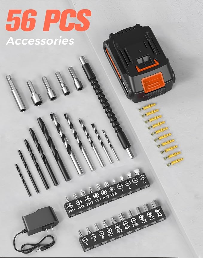 Cordless Drill, 20V MAX Power Drill Set with 2.0Ah Power Pack & Charger, 3/8 Inch Keyless Chuck, Variable Speed, 25+1 Position and 56PCS Bits/Screws, Power Tools for Home Projects