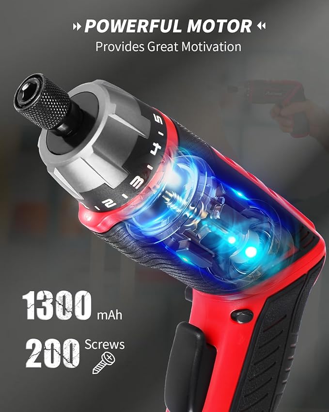 AVID POWER Electric Screwdriver Set Rechargeable 4V Cordless Screwdriver Kit with 11pcs Accessories, 5.65Nm Screw Gun, 5+1 Torque Setting, 2 Position Handle with LED Light-Dark Red
