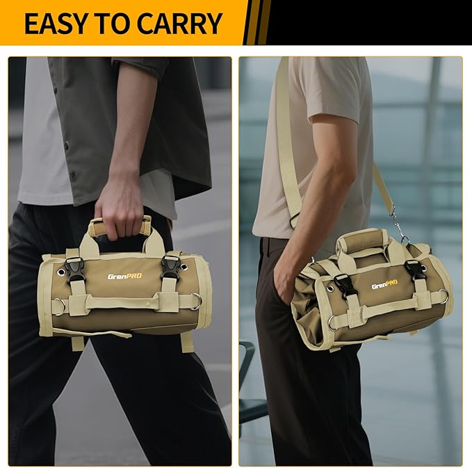 Premium Tool Bag Roll Up, Tool Roll Portable Foldable Tool Storage with 2 Detachable Pouches, Soft Rollable Tool Pouch for Mechanics, Electricians, DIY, Gifts for Dad, Men Birthday Gift, Khaki