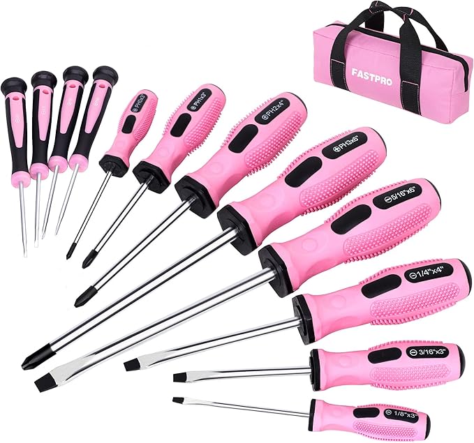 FASTPRO 12-Piece Pink Magnetic Screwdrivers Set with Slotted Phillips Screwdrivers and Precision Screwdrivers, Repair Tool Kit for Women with Storage Bag