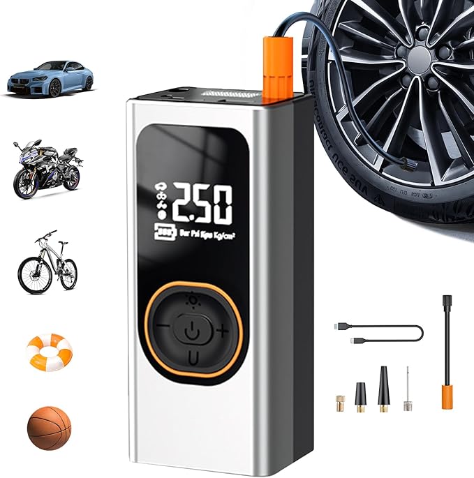Portable Cordless Tire Inflator Air Compressor, 150PSI with Rechargeable Battery, Digital Pressure Gauge, 12V Car Tire Inflator and Auto Shut Off, for Car, Motorcycle, Bike, Balls, Toy