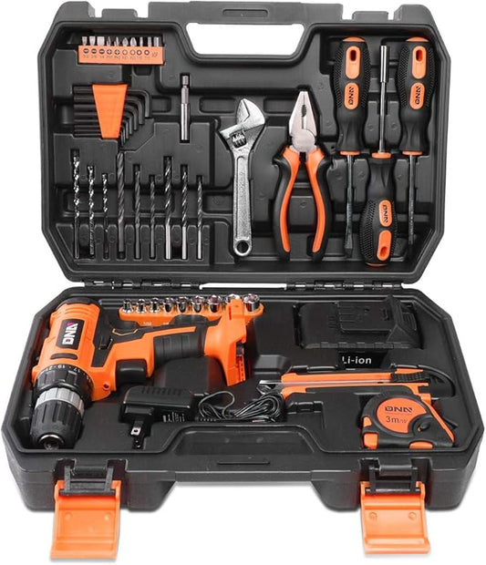 DNA MOTORING TOOLS-00020 Orange 46 Pcs 18V Cordless Power Drill Driver Bit Set w/Charger+Screwdrivers+Pliers Home Repair Kit