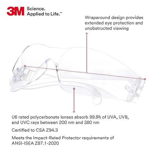 3M Safety Glasses, Virtua, Pack of 100, ANSI Z87, Unisex, Clear Hard Coat Lens, Clear Frame, Economical Eyewear Protection, Lightweight, Wraparound Coverage, UVA, UVB, UVC