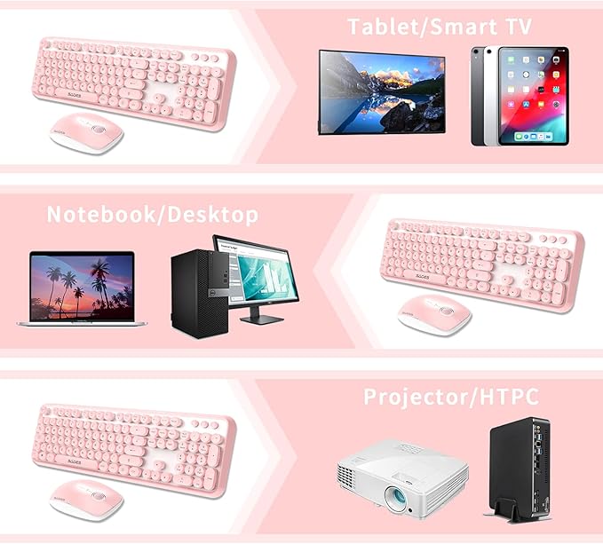 Pink Wireless Keyboard Mouse Combo,104 Round Keys Cute Colorful Keyboard Retro Typewriter Style,Letton Full Size Keyboard with Number Pad&Mouse with 3 DPI for PC Mac Laptop Computer Windows