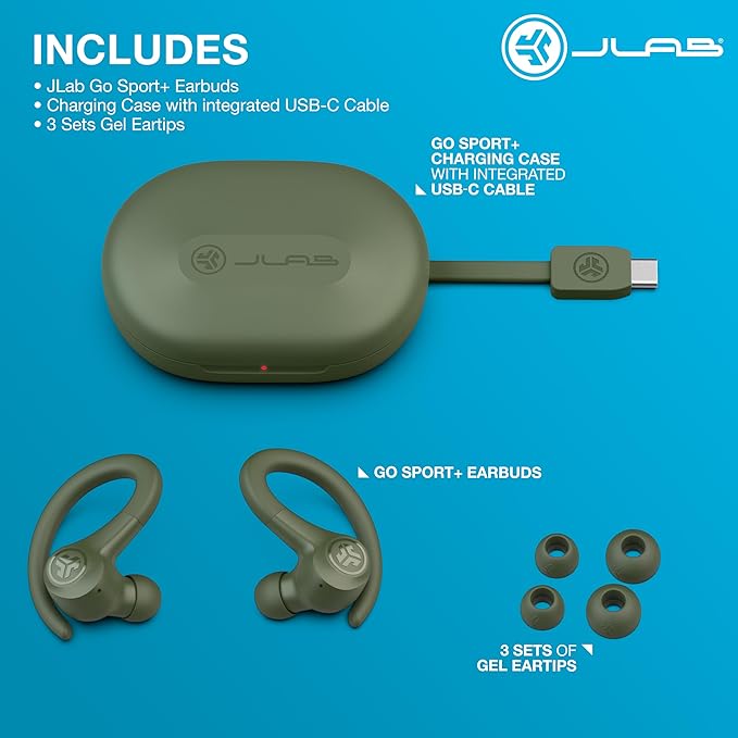 JLab Go Sport+ Wireless Workout Earbuds Featuring C3 Clear Calling, Secure Earhook Sport Design, 35+ Hour Bluetooth Playtime, and 3 EQ Sound Settings (Green)