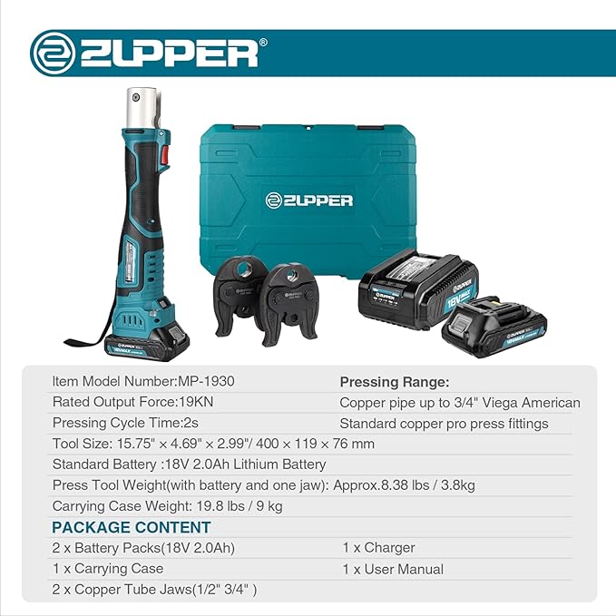 Mini Pro Press Tool kit with 2 Copper Pro Press Jaws 1/2", 3/4", Brushless Motor, 2pcs Battery, Fast Charger & Carrying Case