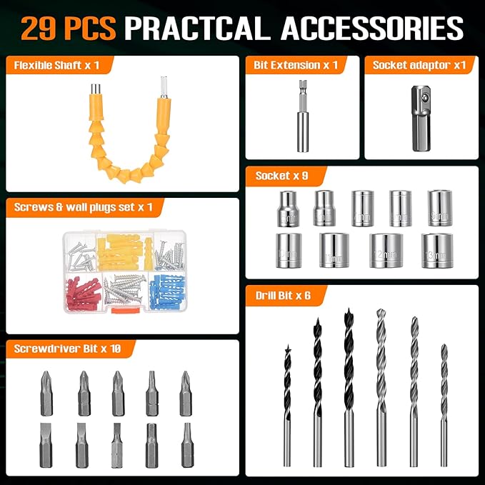 WORKBLESS 21V Power Drill Set, Cordless Drill with Battery and Charger, 3/8'' Keyless Chuck, Variable Speed, 18+1 Torque Setting and 28pcs Drilling/Driver Bits Tool Set(Orange)