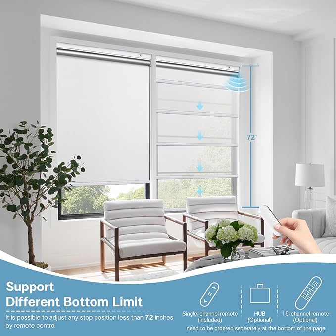Motorized Blinds with Remote Control【Solar Panel Included】 100% Blackout Smart Roller Blinds Automatic Blinds for Windows Cordless Electric Shades Compatible with Alexa White,30" W*72" H
