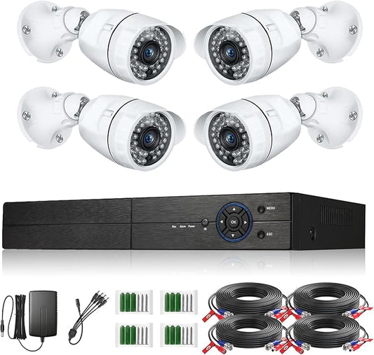 Eversecu 4Ch Home Security Camera System, 1080P DVR & 4pcs HD Weatherproof Cameras, Night Vision, Motion Alert, Remote Access, Power adapters & Premade Cables Included, No Hard Driver