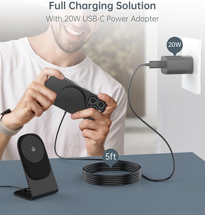 Magnetic Wireless Charger with Aluminum Charging Pad Stand Compatible with iPhone 16/15/14/13/12 Series，20W PD Charger&5ft Cable Included, Black