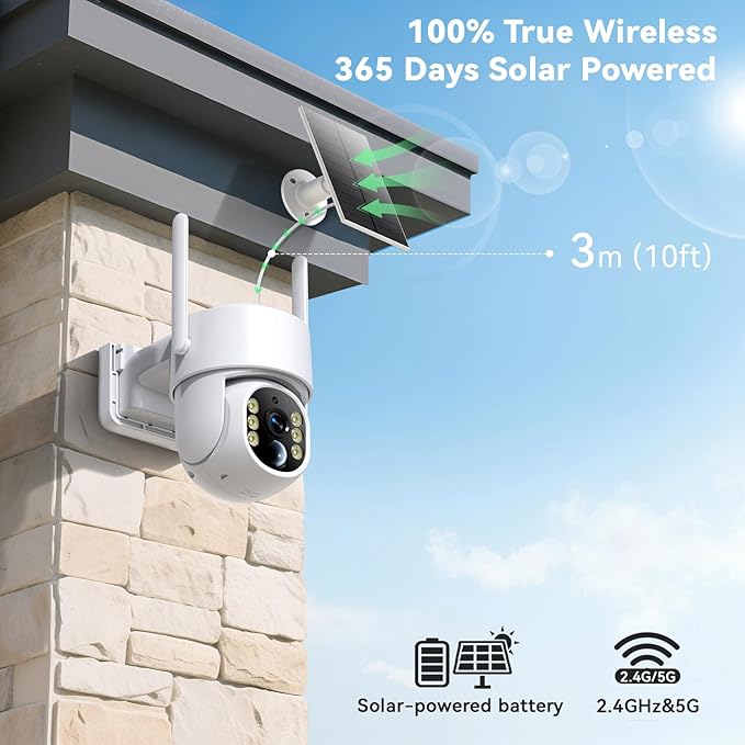 Solar Camera Outdoor Wireless, 5G Solar Security Cameras for Home Security, WiFi Security Cameras Wireless Outdoor, 360° View PTZ, AI PIR Human Detection Alerts, Color Night Vision, SD/Cloud Storage