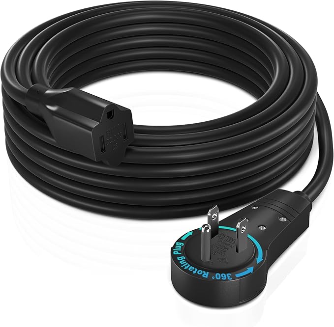 Maximm Cable 15 Feet 360° Rotating Flat Plug Extension Cord/Wire, 3 Prong Grounded Wire 16 Awg Power Cord - Black UL Certified