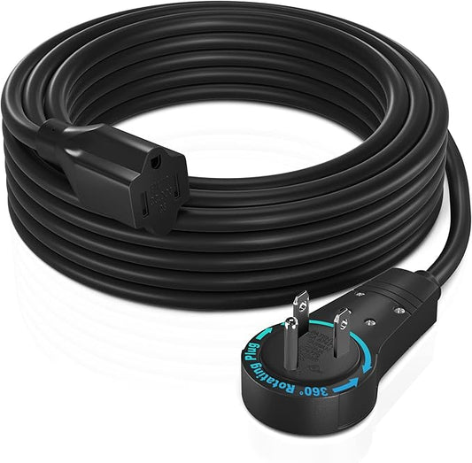 Maximm Cable 15 Feet 360° Rotating Flat Plug Extension Cord/Wire, 3 Prong Grounded Wire 16 Awg Power Cord - Black UL Certified