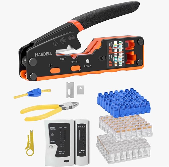 HARDELL RJ45 Crimp Tool, Pass Thru RJ11 Ethernet Crimper for Cat5 Cat6 Connectors, All-in-One 6P 8P Ethernet Crimping Tool Kit With Wiring Diagram, Replacement Blades, Cable Sheath, Tester & Battery