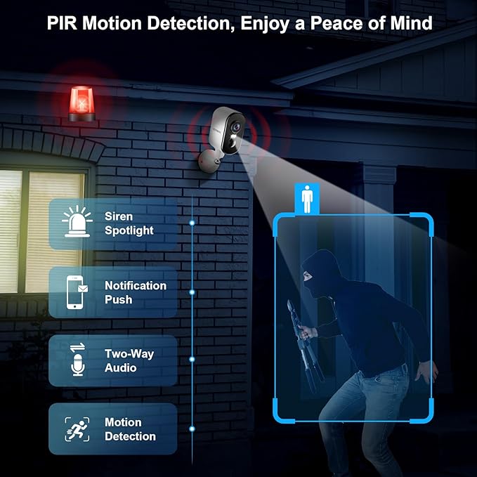 2K Security Cameras Wireless Outdoor, Pan Rotating 360° Battery Powered WiFi Camera with AI Motion Detection, Color Night Vision, Spotlight, Siren, 2-Way Talk, Waterproof, SD/Cloud Storage