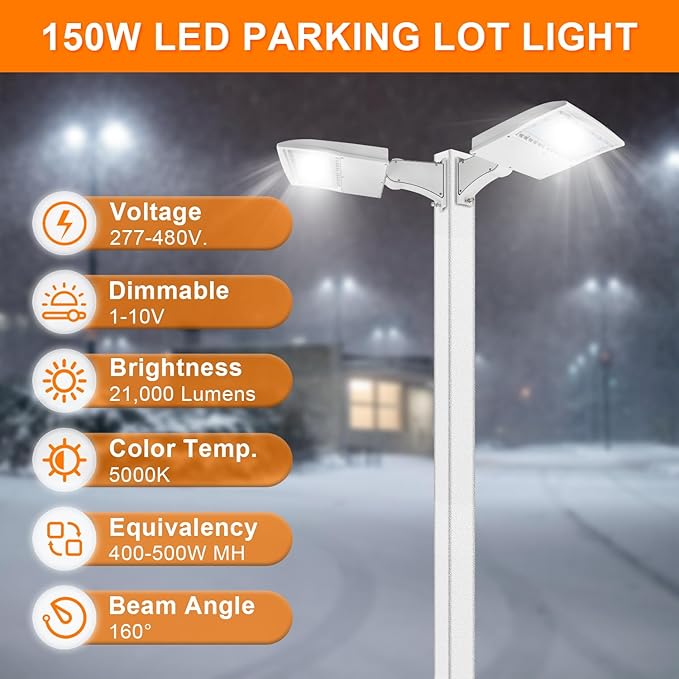 480V 150W White LED Parking Lot Light, 21000LM LED Shoebox Area Light [500W MH/HPS Equiv.], 5000K Dimmable Outdoor Street Lighting with Surge Protection Built-in, IP65 AC100-277V UL&DLC Listed