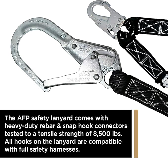AFP 6FT Double Leg Internal Shock Absorbing Safety Fall Protection Lanyard with Dual Pelican Rebar & Snap Hook | Heavy-Duty Webbing | OSHA & ANSI Rated (Steel)