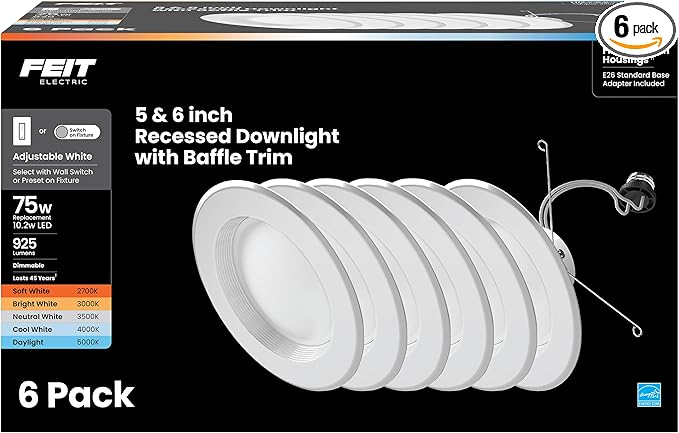Feit Electric LED Downlight Retrofit Kit with Baffle Trim, 75W Equivalent, 5/6-Inch Dimmable Recessed Can Light, Adjustable White 2700K-5000K, 90+ CRI, 50,000-Hour Lifetime, LEDR56B/6WYCA/MP/6