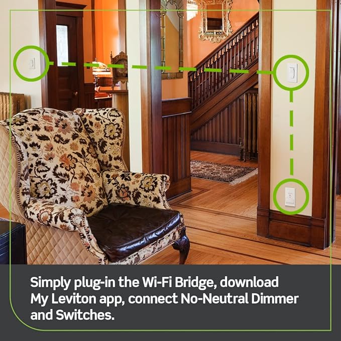 Leviton Decora Smart No-Neutral Dimmer & Wi-Fi Bridge Kit for Older Homes Without a Neutral Wire (Works with My Leviton App for controlling light)