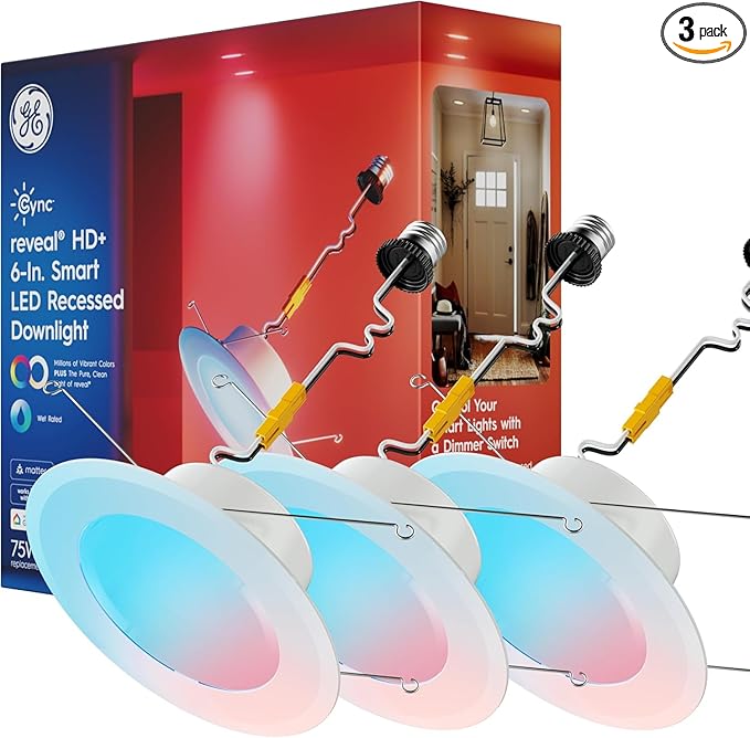 GE Cync Reveal HD+ Smart LED Recessed Downlight Fixture, Color Changing LED Light, Works with Alexa and Google Home, Matter Compatible, Ceiling Light Fixture, 6 Inch (3 Pack)