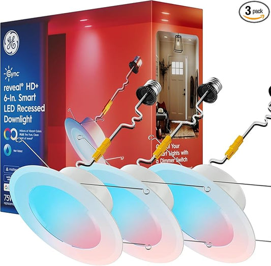 GE Cync Reveal HD+ Smart LED Recessed Downlight Fixture, Color Changing LED Light, Works with Alexa and Google Home, Matter Compatible, Ceiling Light Fixture, 6 Inch (3 Pack)