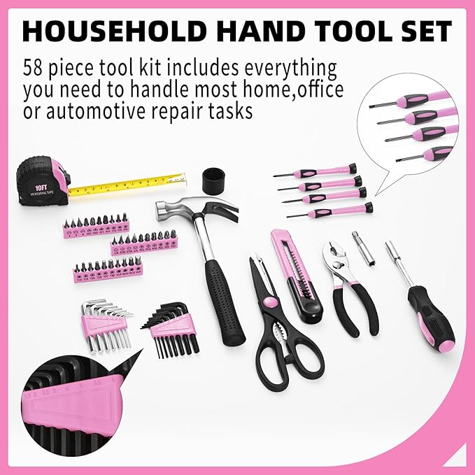 58-Piece Pink Tool Kit Basic Home Repair Tool Set, General Household Hand Tool Kit,Small Tool Kit with Plastic Toolbox Mini Tool kit for Women, Office & College Repairs