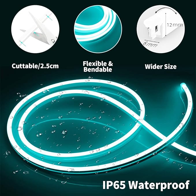 iNextStation Ice Blue Led Strip Lights, 16.4Ft/5m Neon Led Light Strip with Power Adapter, 12V Waterproof Silicone Flex LED Rope Lights for Bedroom Wall Festival Party Neon Sign DIY Decor