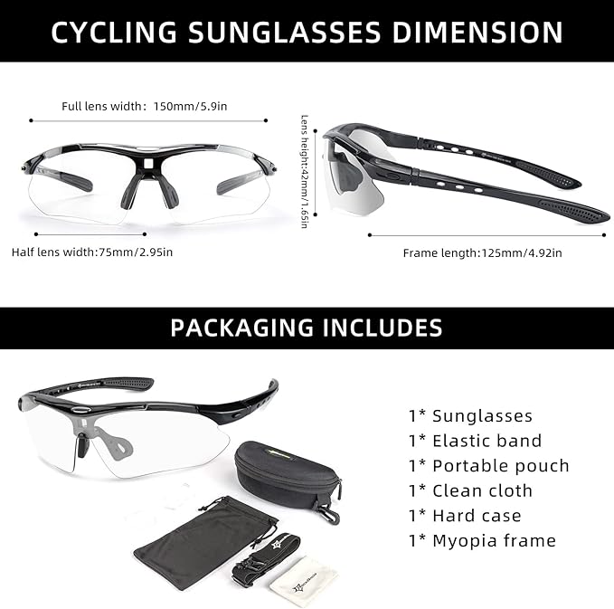 ROCKBROS Pickleball Photochromic Glasses Cycling Glasses with Removable Elasctic & Temple Band Sunglasses Fit for Men Women