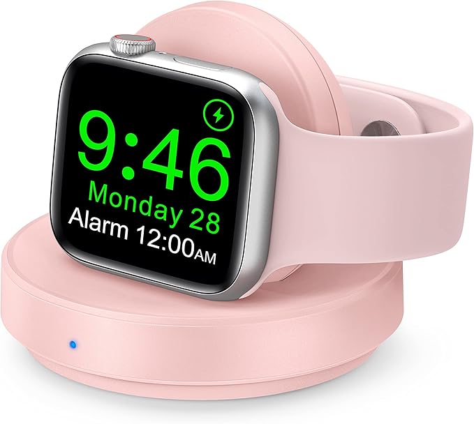 Portable Magnetic Charging Dock for Apple Watch, Wireless Fast Watch Charger Stand with Charging Cable, Support Nightstand Mode, Compatible with Apple Watch Series 10 9 8 7-Pink