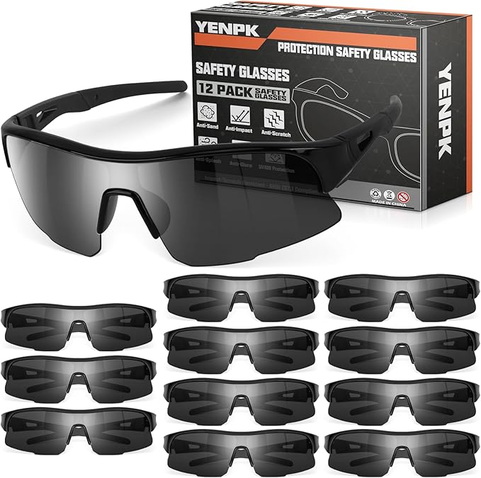 12 Pack Safety Glasses, ANSI Z87.1 Safety Glasses with UV Protection, Impact Resistant Tinted Safety Goggles