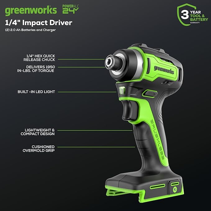 Greenworks 24V Brushless Cordless Tool Kit: 3-in-1 Drill Driver, Impact Driver & Impact Wrench with 2x 2Ah Batteries & Charger – Lightweight, Compact for DIY