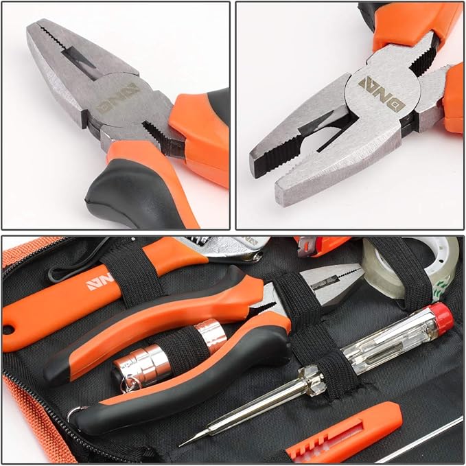 DNA MOTORING 18pcs Mechanic Home Repair Tool Set, Includes Pliers, Wrench, Hex Key, Screwdriver, Scissors, Tape Measurer, Mechanic repair set, w/Carrying Case, Orange/Black, TOOLS-00032