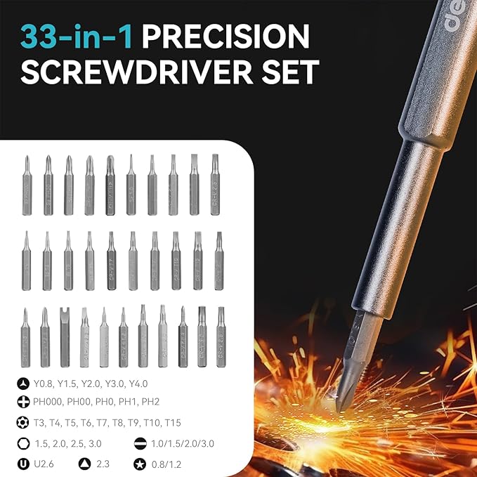 Deli 33-in-1 Precision Screwdriver Sets Magnetic Mini Repair Tool Kit for Home, DIY, Computer, Controller, Glasses, Drone, Watch, Phone, Pad, Switch, PS5, XBOX, Macbook, Electronic. Gift for man.