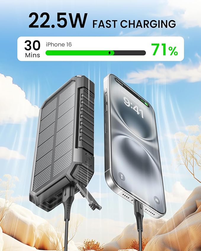 Riapow Solar Charger Power Bank 27000mAh Wireless Portable Charger, 22.5W Fast Charging Battery Bank Built in Cables, PD QC3.0 External Battery Pack with USB C for iPhone Tablet, Flashlight (Black