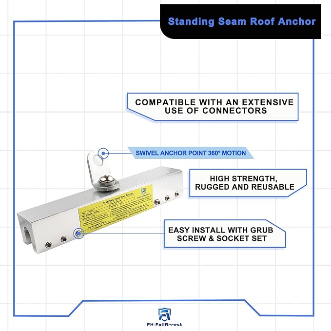 Fall Protection Standing Seam Roof Anchor Clamp with 360° Swivel Point | Fall Arrest Roofing Harness Safety Kit | Aluminum Alloy Anchor | OSHA/ANSI Compliant | Bolts and washers included
