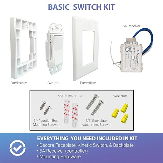 RunLessWire Basic Wireless Light Switch & Receiver Kit with Infinite Battery No WiFi or Batteries Needed 150+ft RF Range DIY Pre-Programmed Remote Control - 1 Receiver, 1 Switch - White