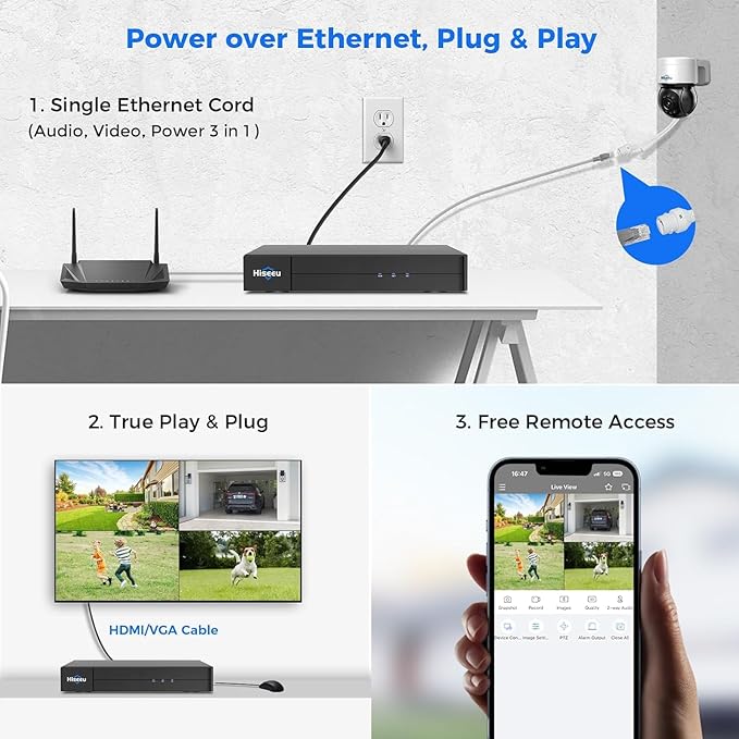 [330°Pan 90°Tilt+Human Tracking] Hiseeu 4K PoE Security Camera System,NVR Security Camera System w/8 * 8MP PoE PTZ Security Camera Outdoor&Indoor,2-Way Audio,Color Night Vision,7/24 Record