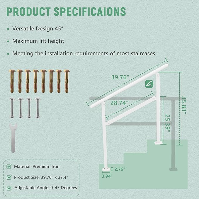 2 Pack Hand Rails for Outdoor Steps,2-3 Step Railing for Stairs,Adjustable Porch Railing,Hand Rails for Seniors,Outdoor Deck Handrails for Exterior Steps,White