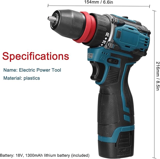 18V 2in1 Lithium Drill, Electric Screwdriver 45Nm Torque Brushless Motor Screw Driver with 2pcs Chargeable Battery Power Tool for Home Furniture Installation Automotive Electronics Repairing