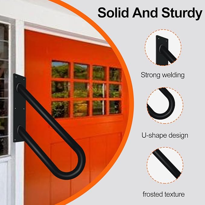 Outdoor Handrail for 1-2 Steps, 12" Length Wall Mount Stair Railing, 500LBS Strong U-Shaped Safety Grab Bar, Matte Black Metal